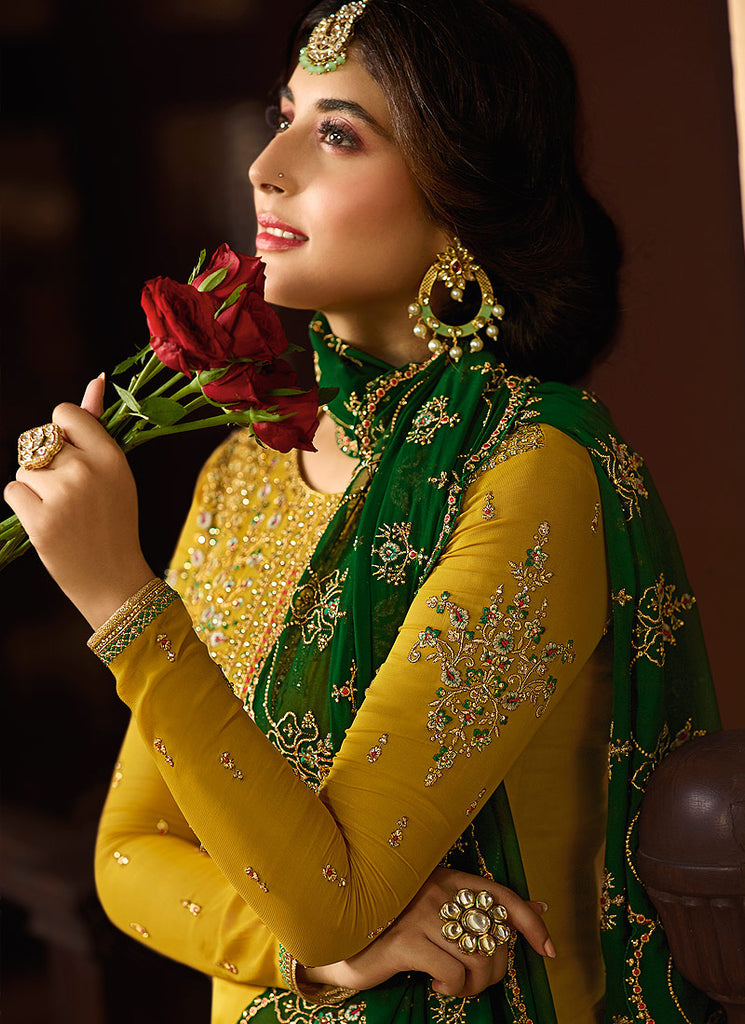 Yellow And Green Multi Embroidered Pakistani Pant Suit