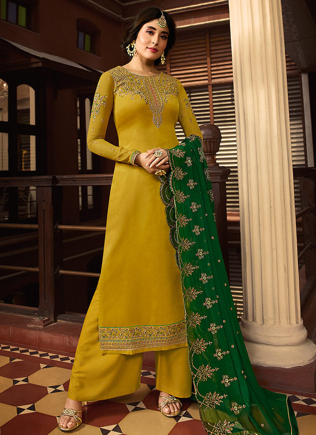 Yellow And Green Multi Embroidered Pakistani Pant Suit