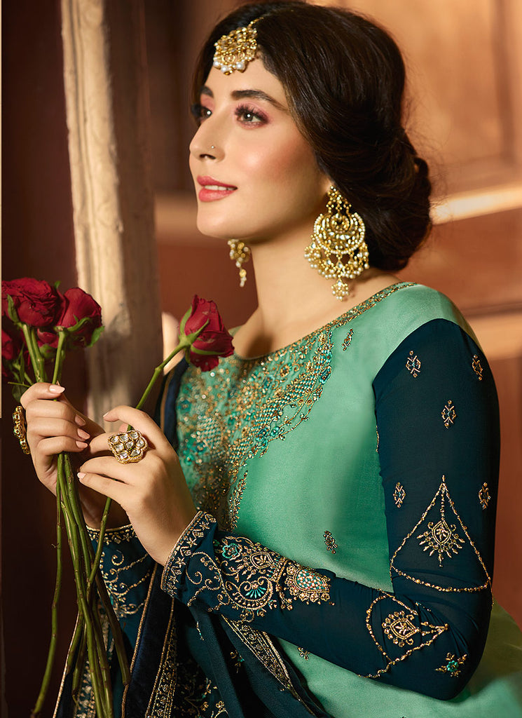 Turquoise Shaded Multi Embroidered Pakistani Pant Suit