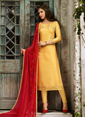 Yellow And Red Crystal Embroidered Churidar Suit