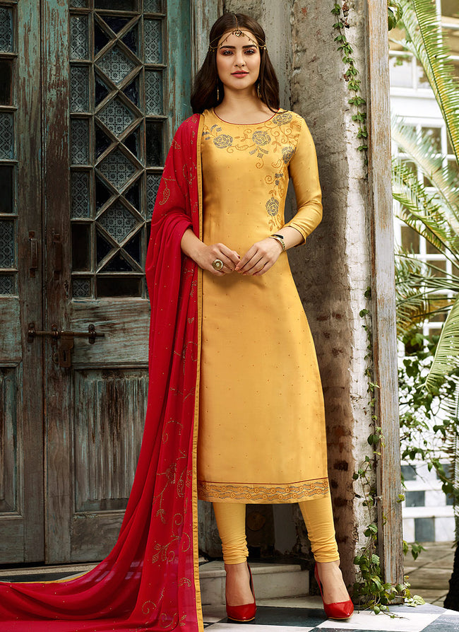Yellow Pant Style Silk Zari Ladies suit Material With Embroidery Work –  Stilento