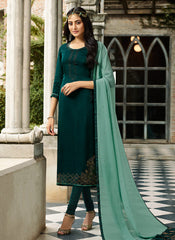 Deep Green Crystal Embroidered Churidar Suit