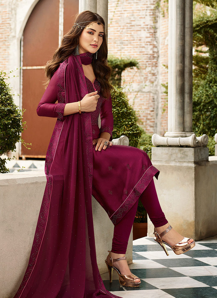 Deep Magenta Crystal Embroidered Churidar Suit