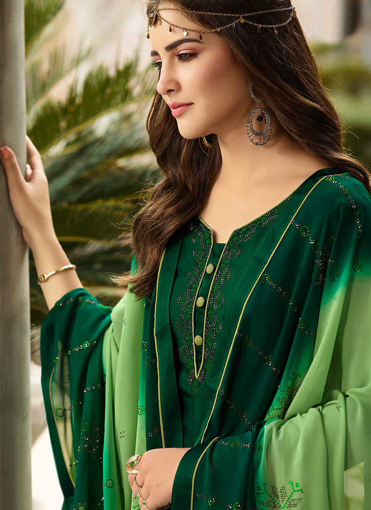 Green Two Tone Crystal Embroidered Churidar Suit