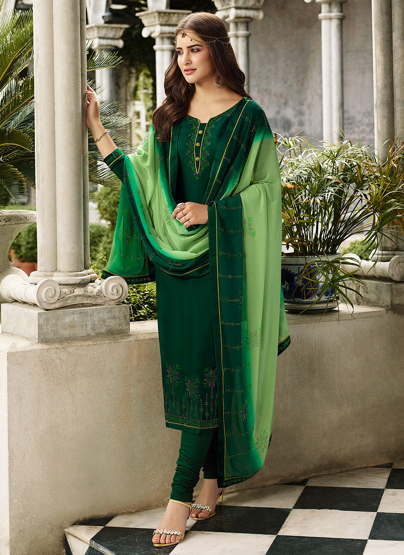 Green Two Tone Crystal Embroidered Churidar Suit