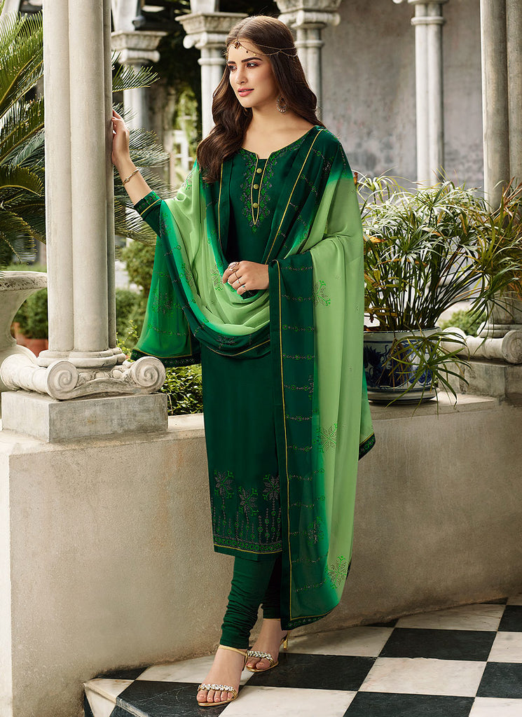 Green Two Tone Crystal Embroidered Churidar Suit