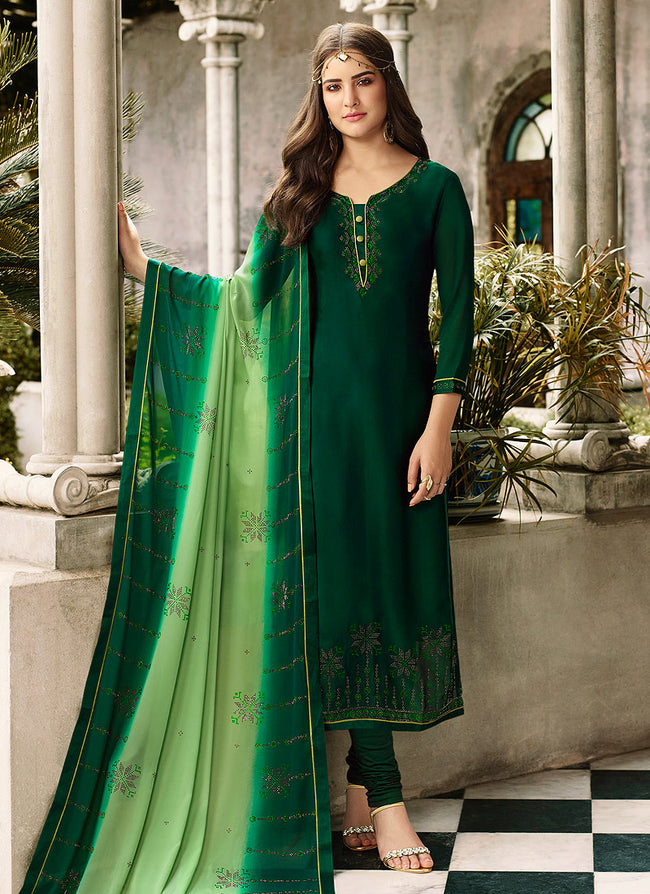 Green Two Tone Crystal Embroidered Churidar Suit