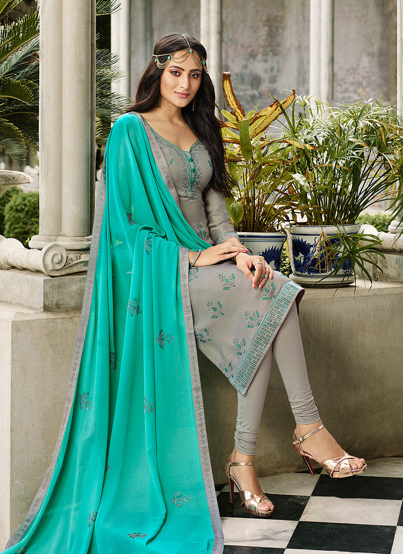 Grey And Blue Crystal Embroidered Churidar Suit