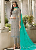 Grey And Blue Crystal Embroidered Churidar Suit