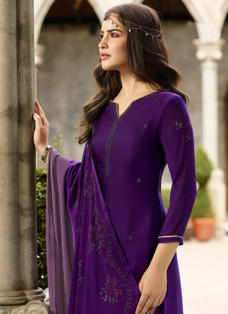 Deep Purple Crystal Embroidered Churidar Suit