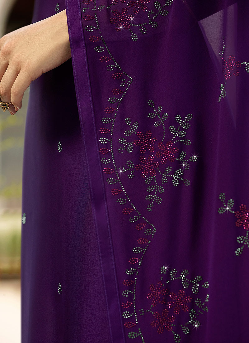 Deep Purple Crystal Embroidered Churidar Suit