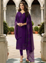 Deep Purple Crystal Embroidered Churidar Suit