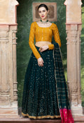 Dark Green And Yellow Multicoloured Embroidered Lehenga Choli
