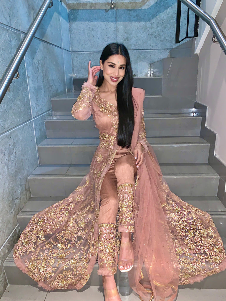 Blush Pink Golden Slit Anarkali Pant Suit