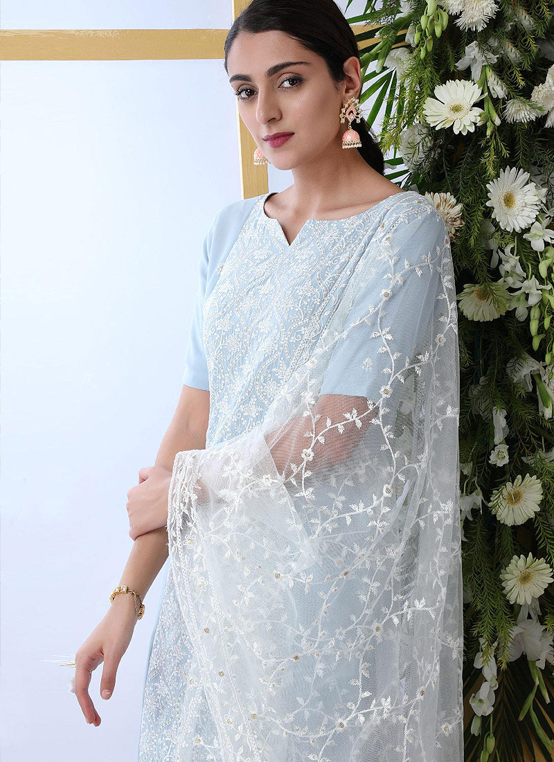 Light Blue Designer Embroidered Palazzo Style Suit, Salwar Kameez