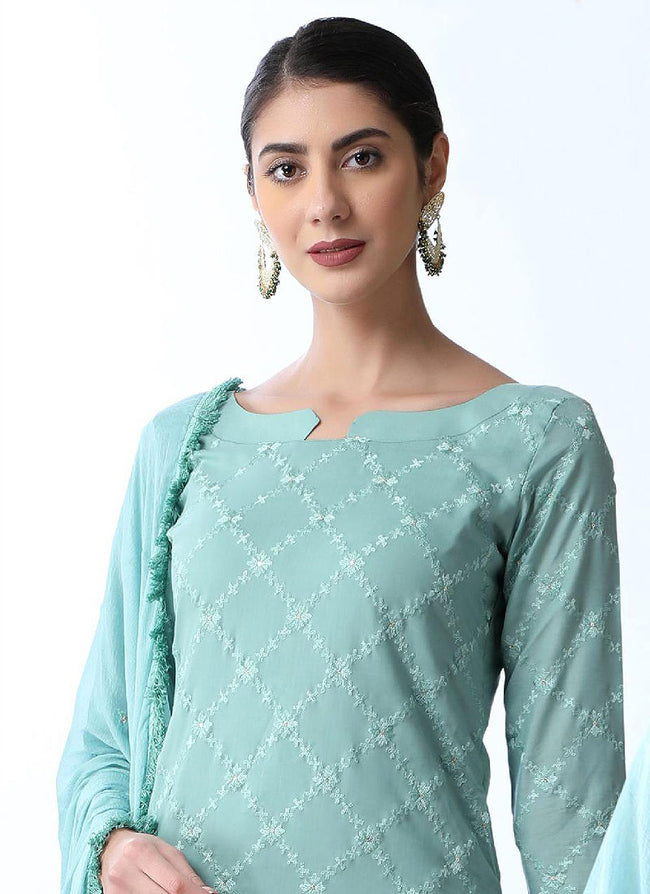 Teal Blue And Green Embroidered Palazzo Style Suit, Salwar Kameez