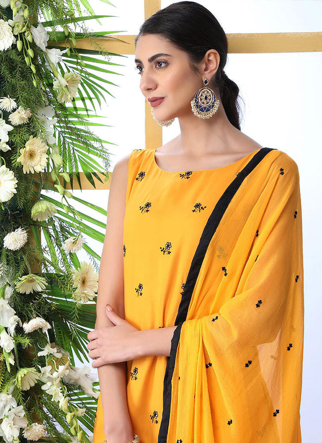 Yellow And Black Embroidered Palazzo Style Suit, Salwar kameez