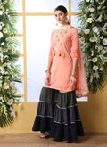 Peach And Grey Embroidered Palazzo Style Suit, Salwar Kameez