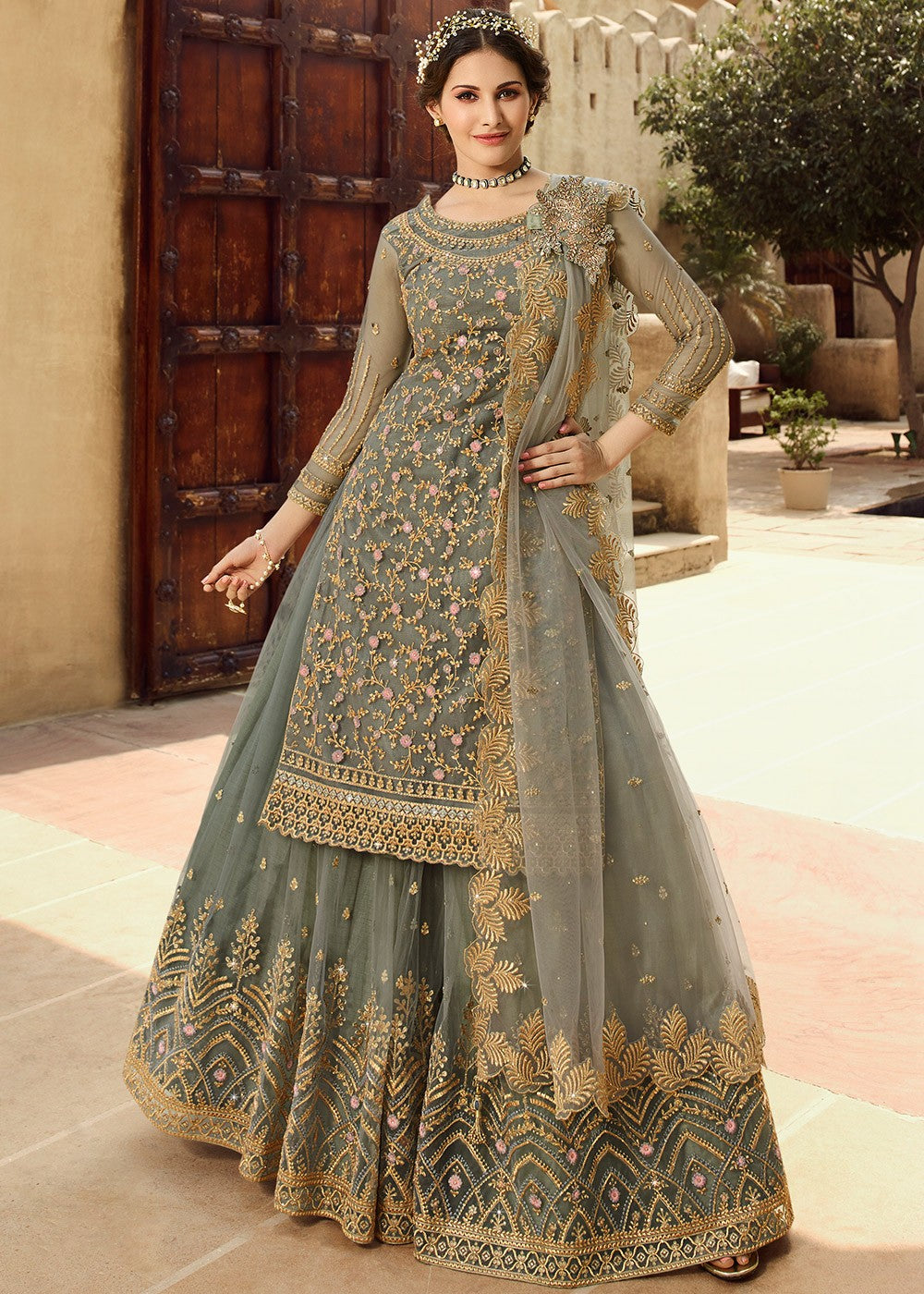 Olive Green Net Lehenga Suit