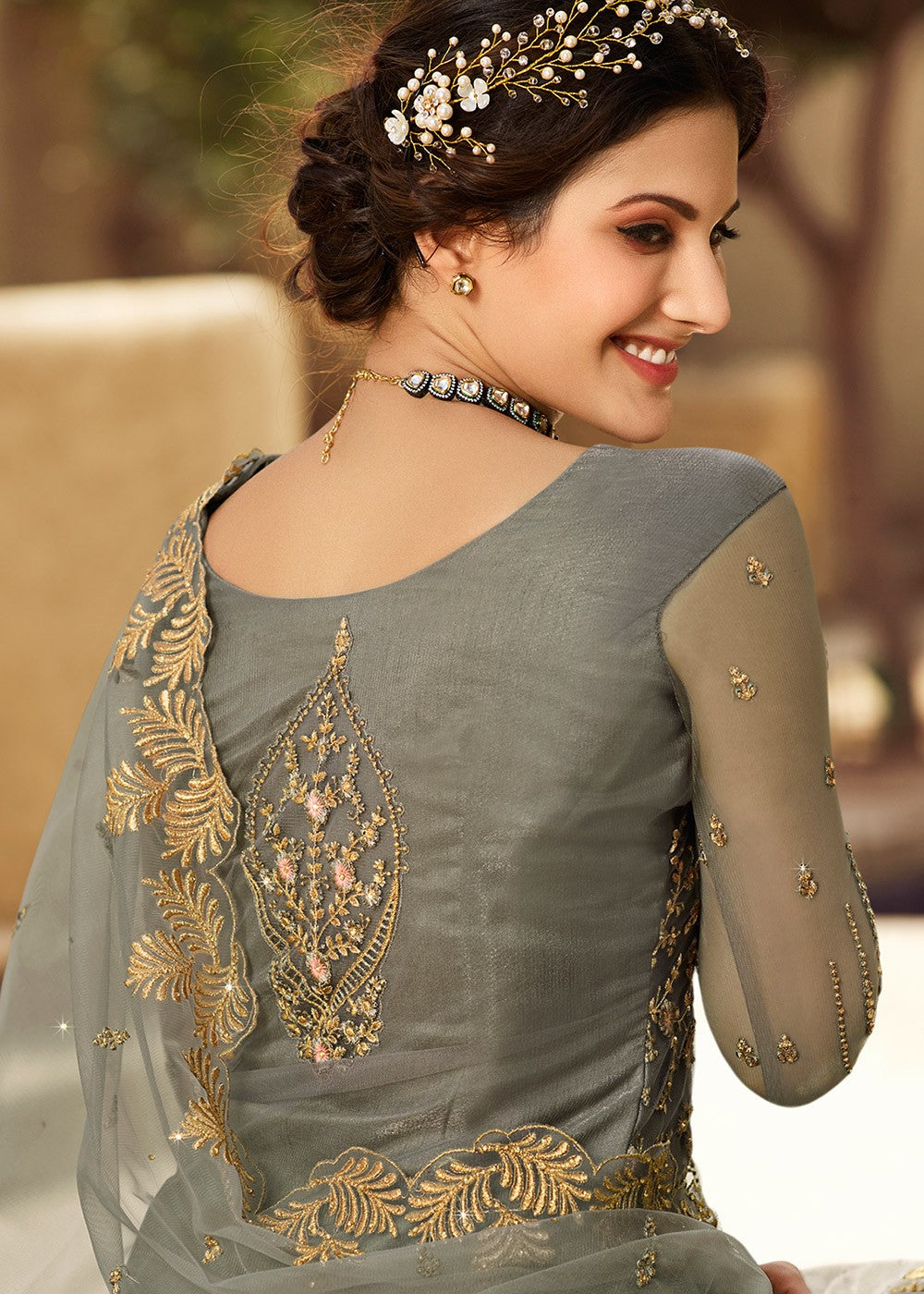 Indian Suits - Olive Green Embroidered Net Lehenga