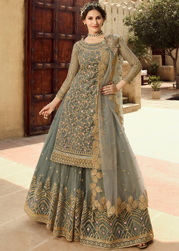 Olive Green Net Lehenga Suit