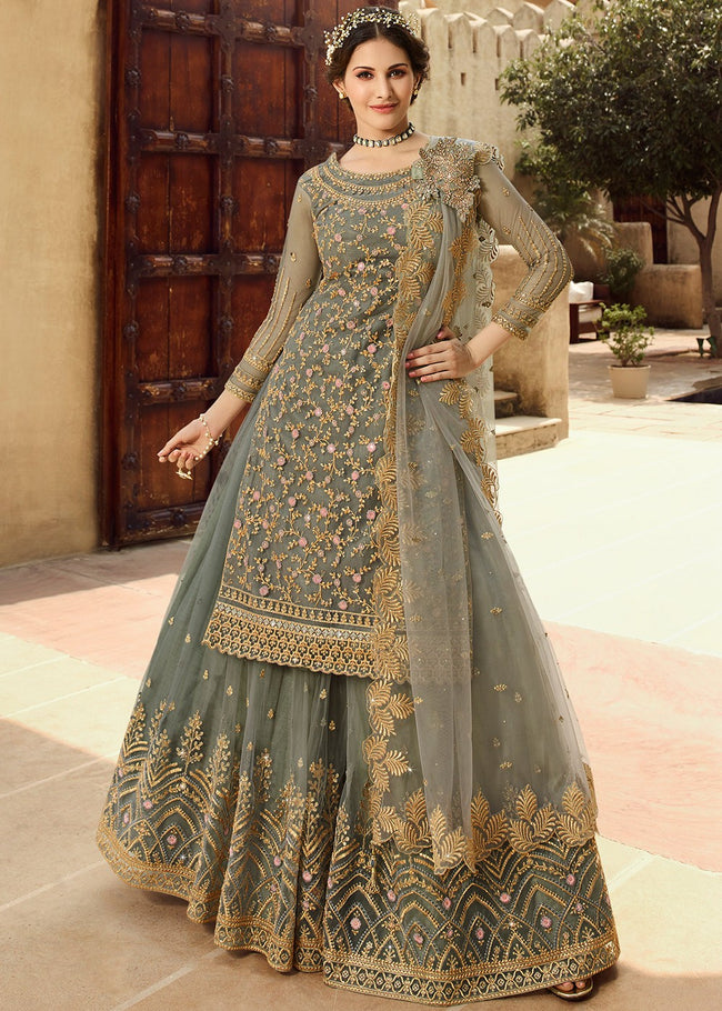 Buy Olive Green Net Lehenga Suit In USA UK Canada Australia Newzeland online