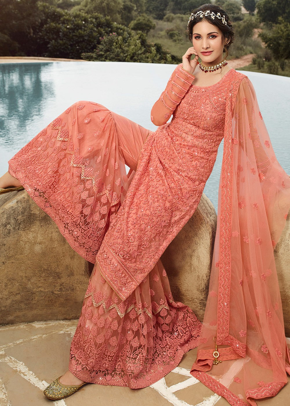 Indian Clothes - Peach Embroidered Pakistani Gharara Suit