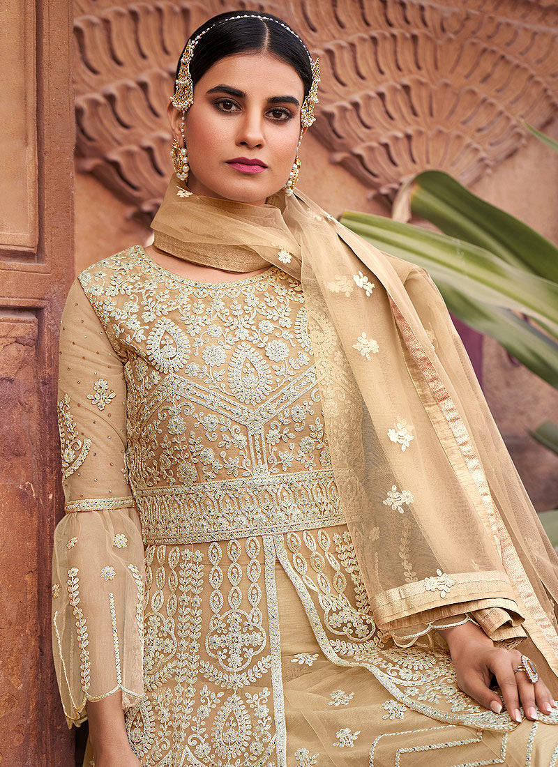 Beige White Designer Gharara Suit