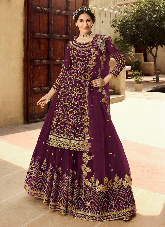 Purple and Gold Embroidered Net Lehenga Suit