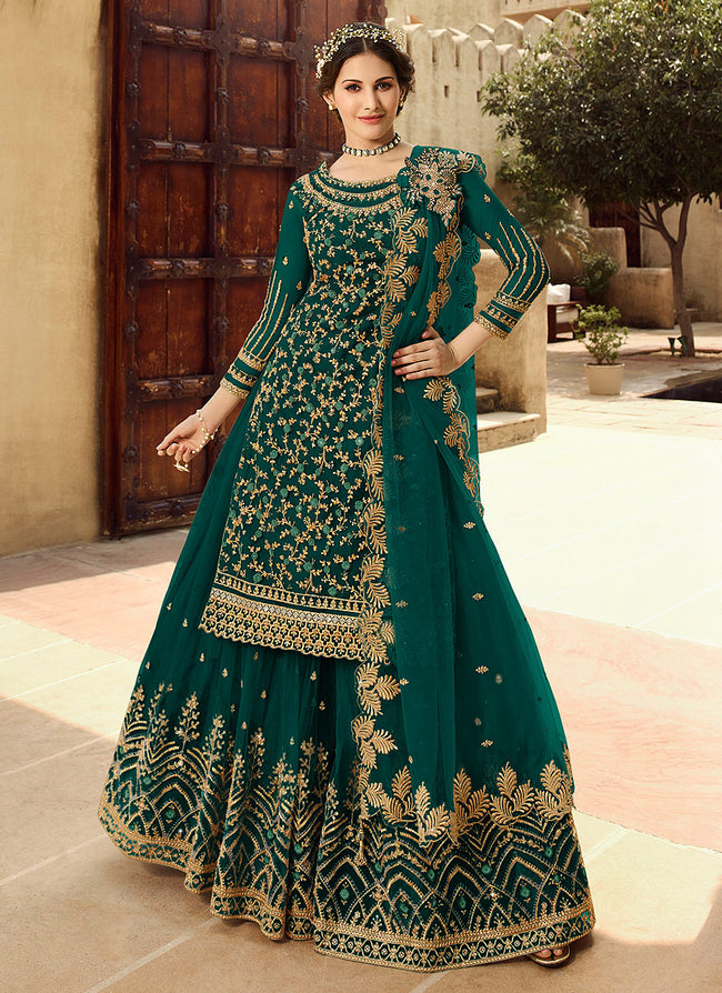 Green and Gold Embroidered Net Lehenga Suit