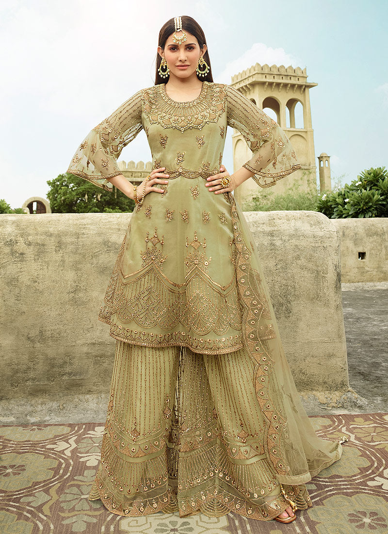 Olive Green Anarkali Palazzo Suit