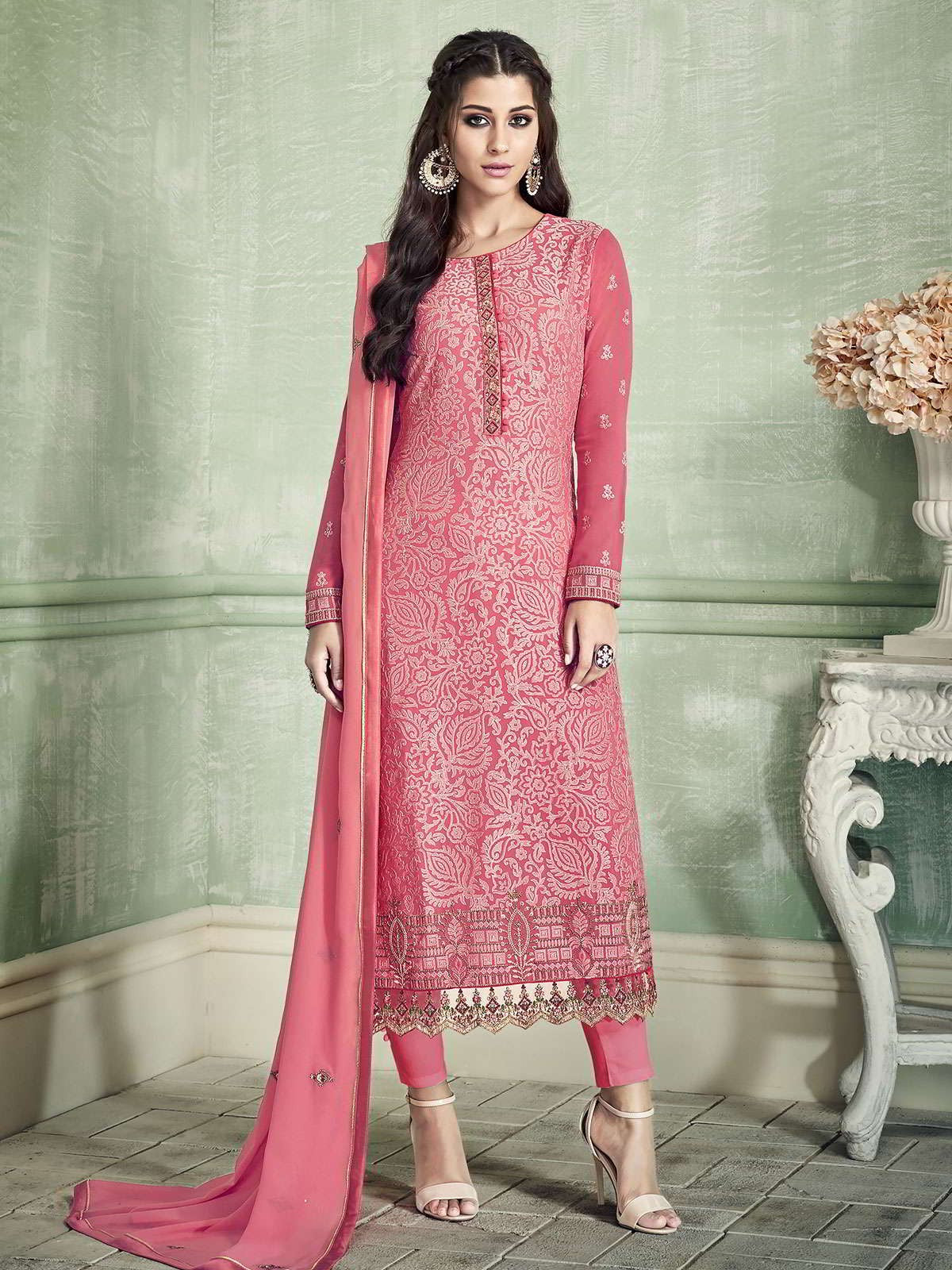 Pink Ethnic Designer Pakistani Pant Suit