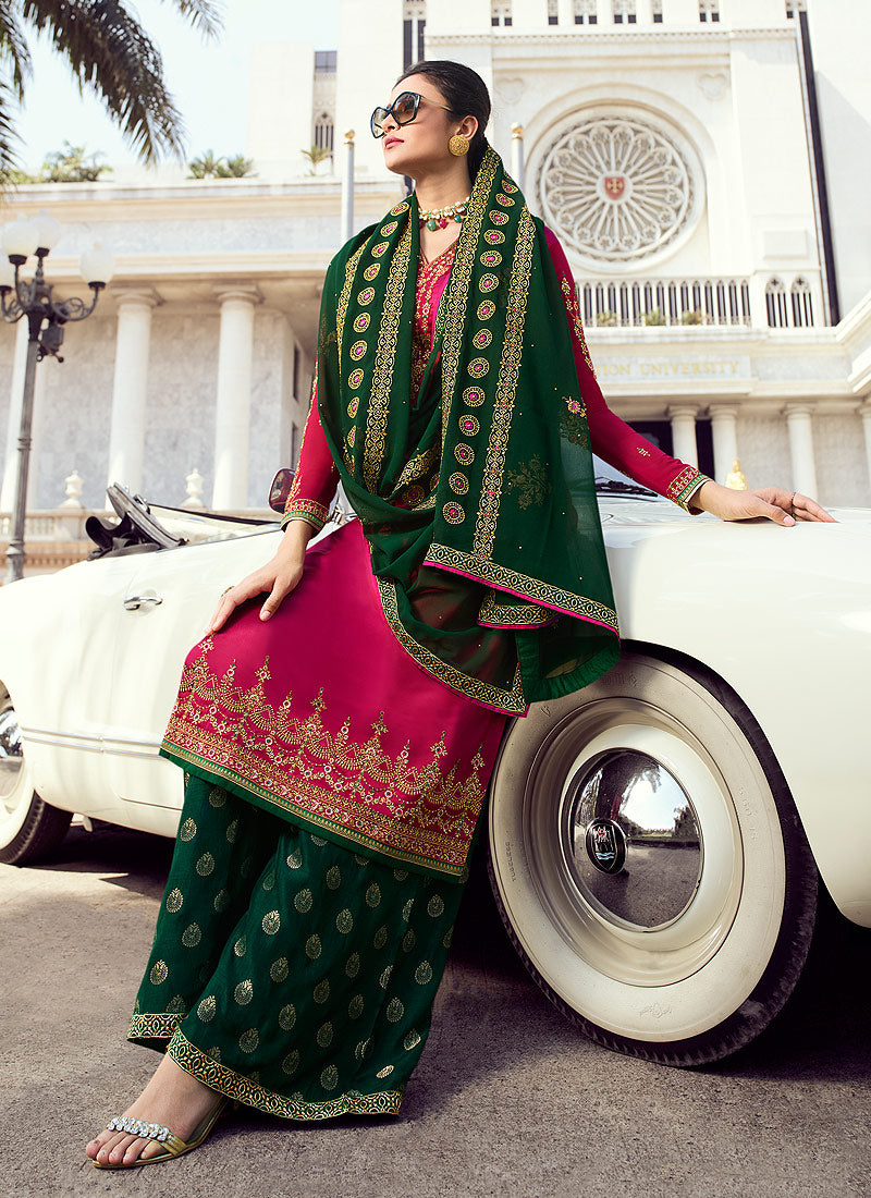 Pink And Green Embroidered Palazzo Suit