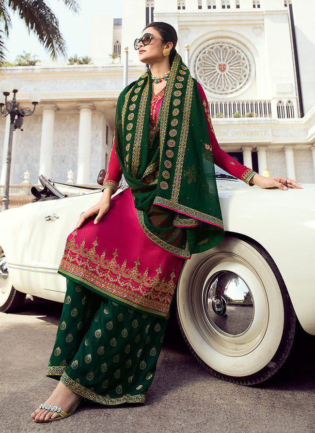 Pink And Green Embroidered Palazzo Suit