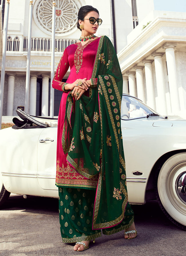 Indian Clothes - Pink And Green Embroidered Palazzo Suit