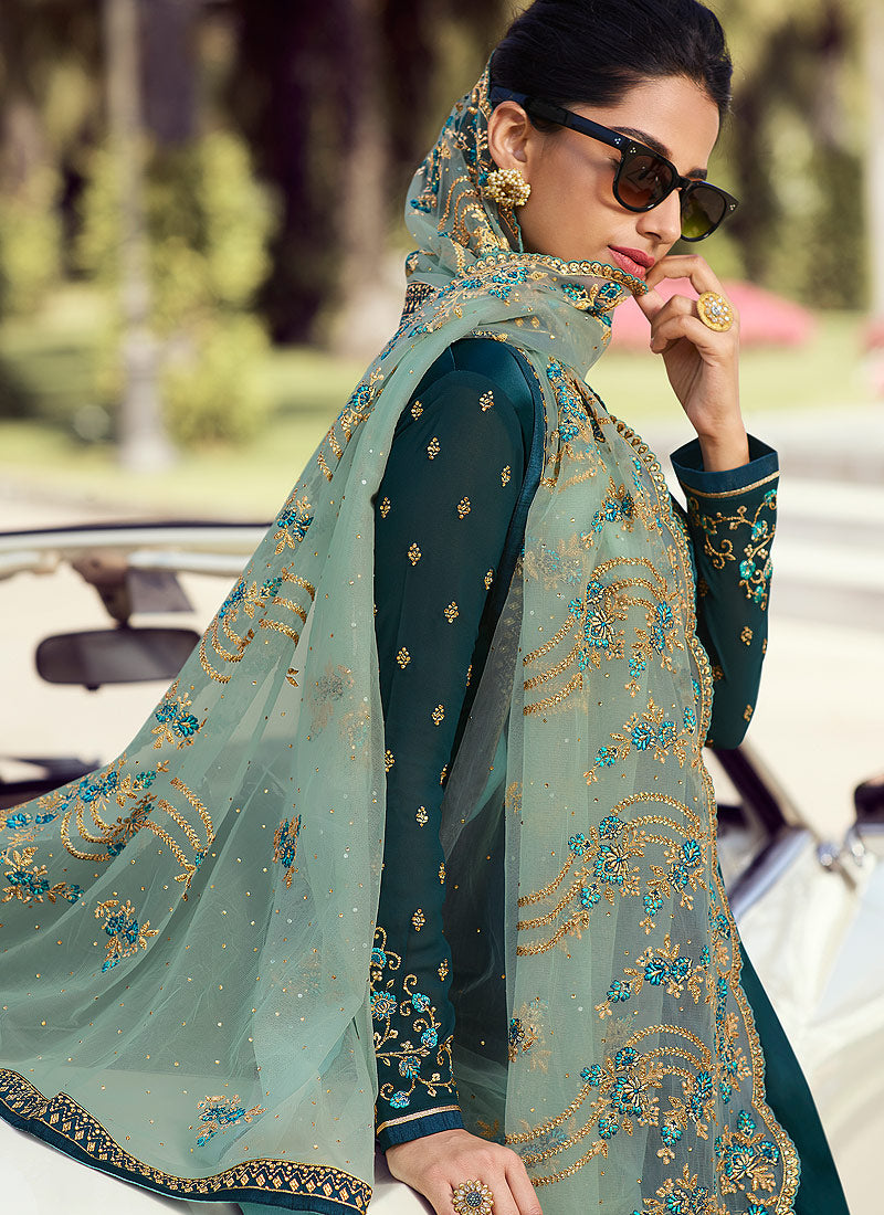 Green Embroidered Palazzo Suit, Salwar Kameez