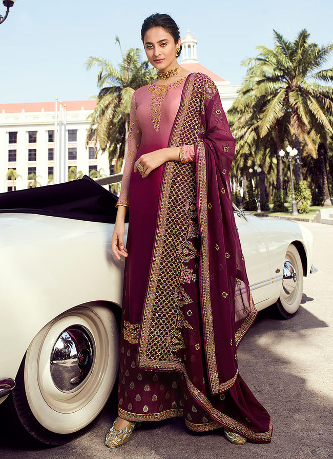 Indian Clothes - Magenta Shaded Embroidered Palazzo Suit