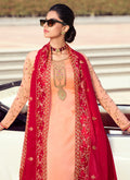 Peach And Red Embroidered Lehenga Style Suit, Salwar Kameez