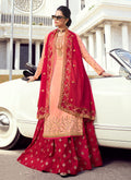Peach And Red Embroidered Lehenga Style Suit