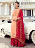 Indian Clothes - Peach And Red Embroidered Lehenga Style Suit