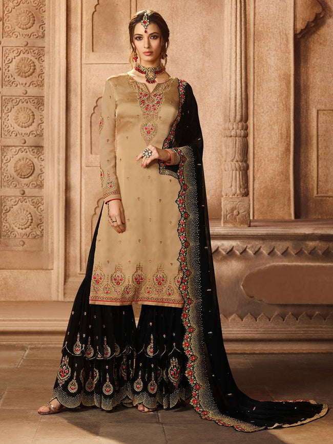 Beige And Black Pakistani Style Gharara Suit