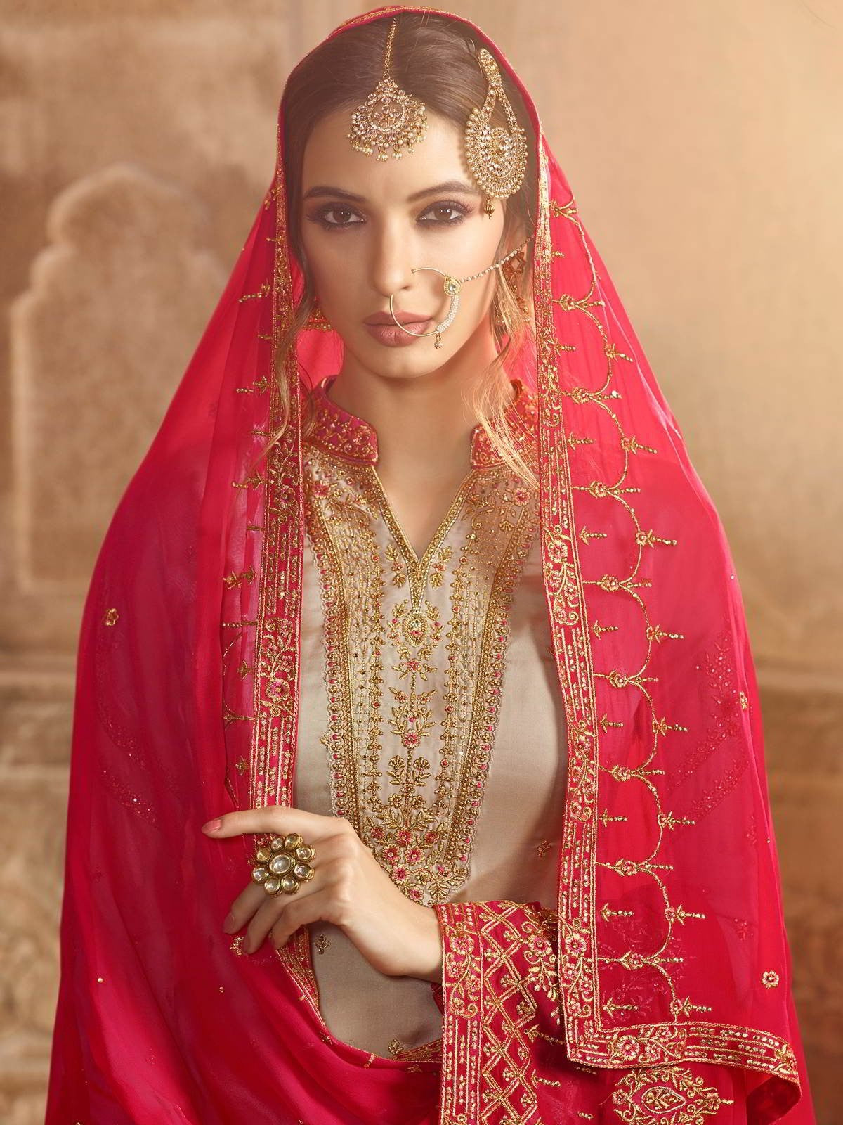 Beige And Pink Pakistani Gharara Suit