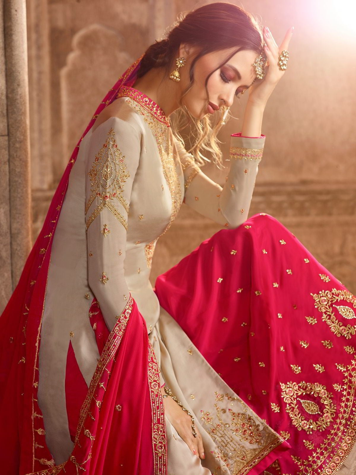 Beige And Pink Pakistani Gharara Suit