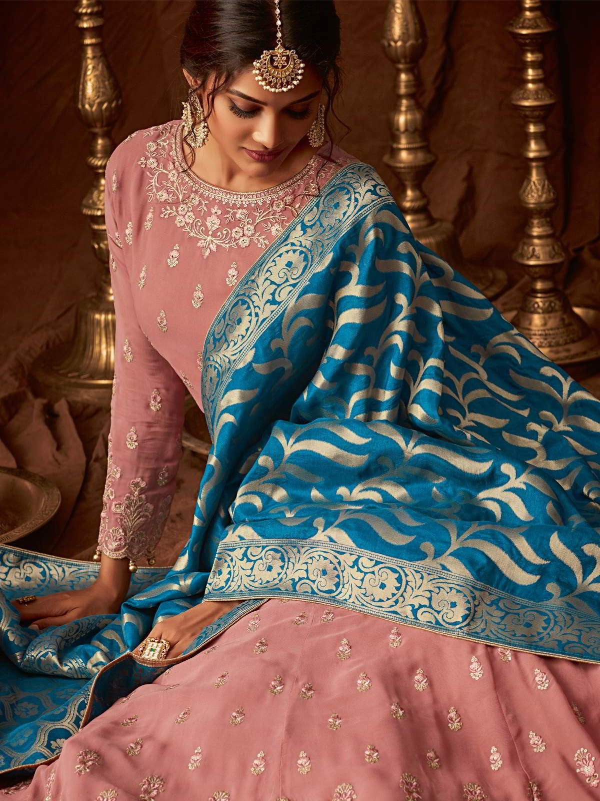 Peach And Blue  Wedding Anarkali Lehenga Online 