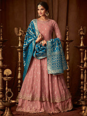 Peach And Blue  Wedding Anarkali Lehenga Online 