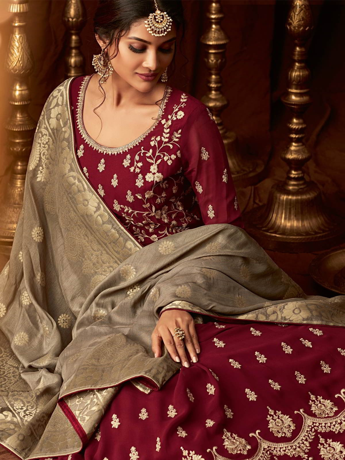 Maroon And Golden Wedding Anarkali Lehenga Online