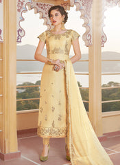 Yellow Embroidered Designer Pant Style Suit