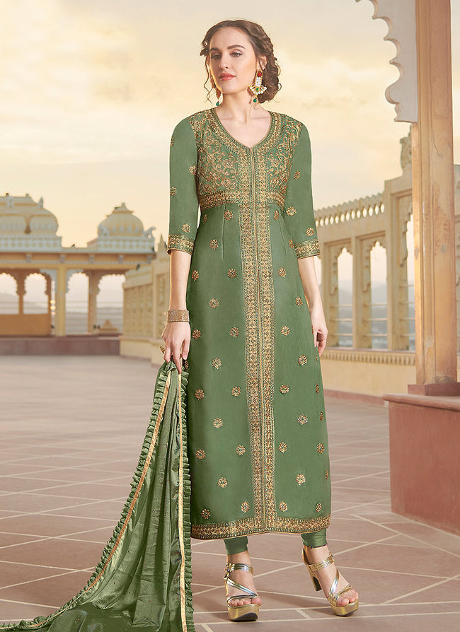 Green Embroidered Designer Pant Style Suit