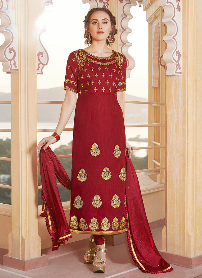 Red Embroidered Designer Pant Style Suit