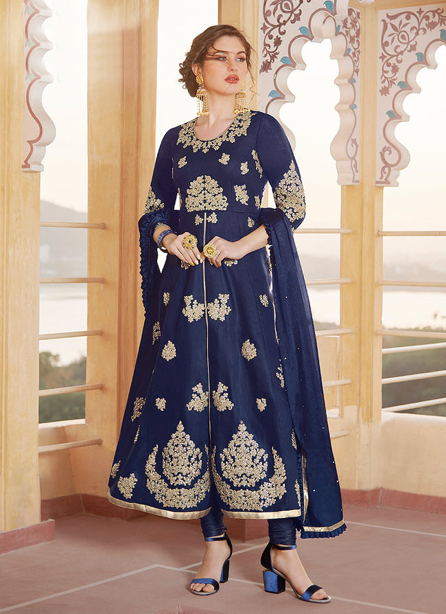 Blue Embroidered Designer Pant Style Suit